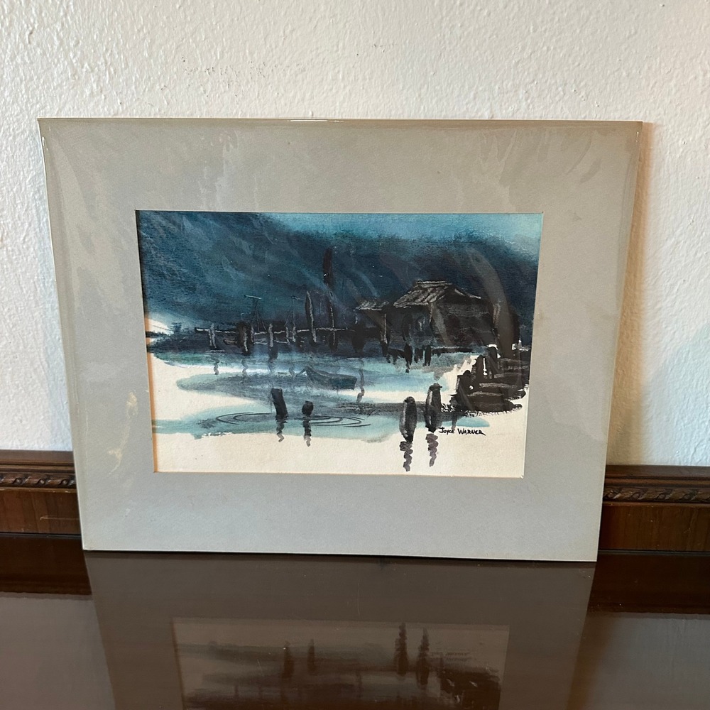 Joyce Warner Original Watercolor Painting Signed Harbor Dock Nautical Blue Black